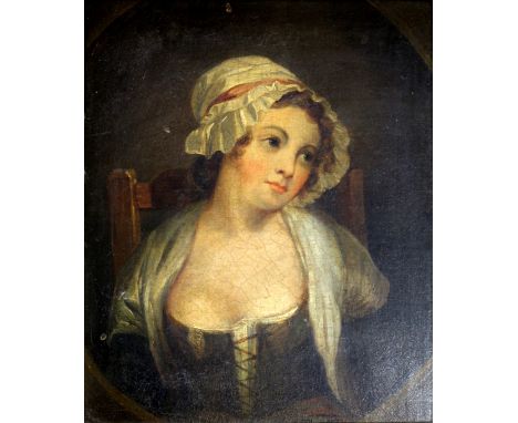 MANNER OF JEAN BAPTISTE GREUZE (1725-1805) PORTRAIT OF A YOUNG WOMAN ON A CHAIR Oil on canvas 33 x 27cm. ++ Lined; craquelure