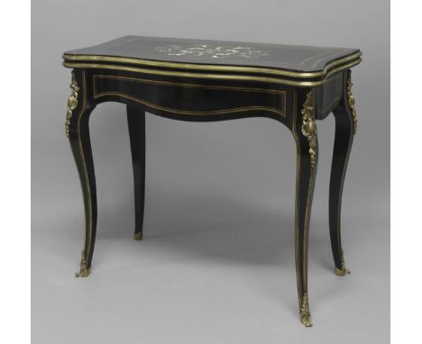 FRENCH EBONISED AND INLAID SERPENTINE FOLD OUT CARD TABLE, 19th century, the top inlaid in brass, mother of pearl and ivory w