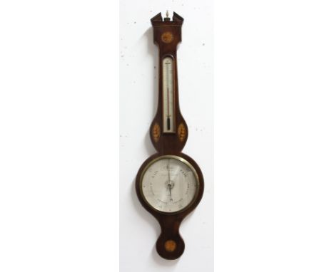 MAHOGANY AND INLAID WHEEL BAROMETER, the silvered main dial inscribed Garfsi Fontana &amp; Co/Exeter, height 96cm