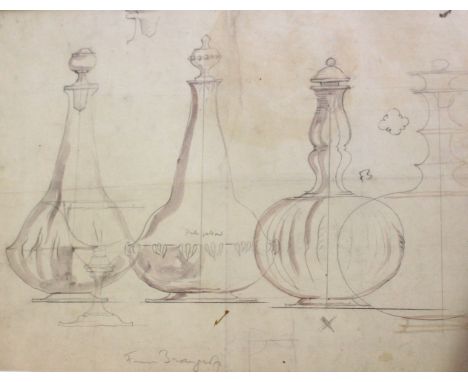 •SIR FRANK BRANGWYN, RA, RWS (1867-1956) THREE DECANTERS, c.1930 Signed and initialled, inscribed pale yellow on the centre d