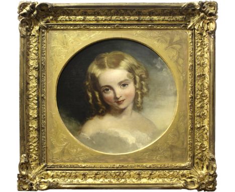 CIRCLE OF SIR THOMAS LAWRENCE, PRA (1769-1830) PORTRAIT OF A YOUNG FAIR-HAIRED GIRL WITH RINGLETS Oil on canvas, mounted circ