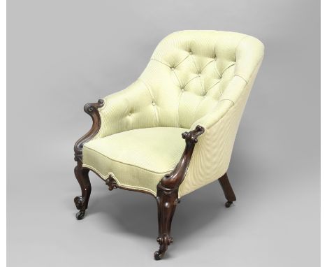 VICTORIAN TUB STYLE ARMCHAIR, the button back above a serpentine seat and scrolling arms and legs, height 86cm