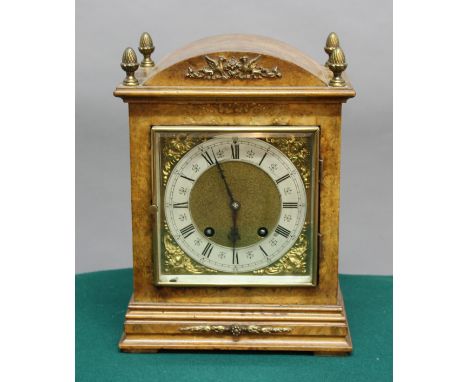 GEORGIAN STYLE WALNUT CASED MANTEL CLOCK, the brass dial with a 5 1/2" silvered chapter ring inscribed Oetemann &amp; Co, Ham