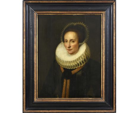 CIRCLE OF CORNELIS VAN DER VOORT (1576-1624) PORTRAIT OF A LADY IN A WHITE RUFF AND LACE HEADDRESS Oil on panel 67.5 x 51cm. 