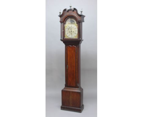 OAK LONGCASE CLOCK, the brass dial with 11" silvered chapter ring, subsidiary seconds dial and date aperture, beneath a moon 