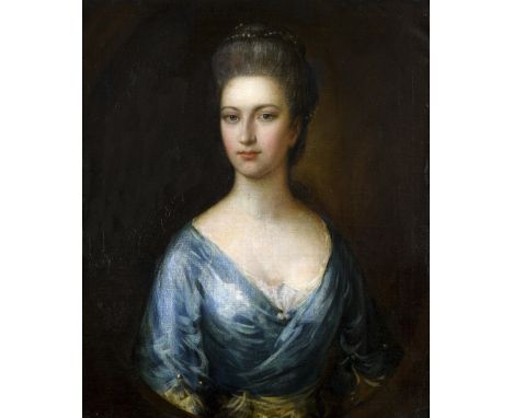 CIRCLE OF THOMAS GAINSBOROUGH, RA (1727-1788) PORTRAIT OF A YOUNG LADY Half length, wearing a blue dress, pearls in her hair,