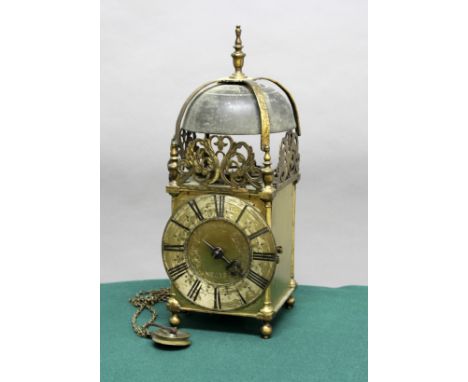 BRASS AND IRON LANTERN CLOCK, essentially 18th century, the 6 1/4" silvered chapter ring on a brass dial inscribed John Hall/