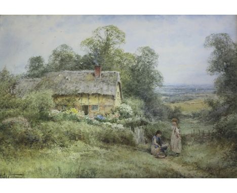 HENRY JOHN SYLVESTER STANNARD (1870-1951) TWO GIRLS BY A COTTAGE GATE Signed, watercolour heightened with white 35 x 51cm. ++