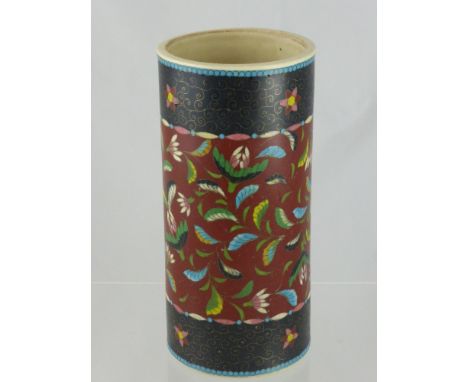 An Oriental Cylindrical Vase, with enamel inlay to central floral design and wire scroll work to top and base, red character 