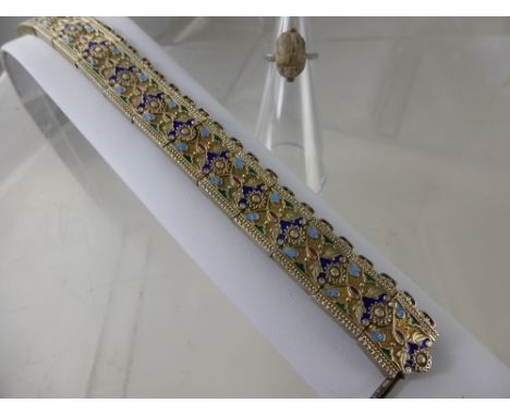 A Solid Silver and Enamel 900 hallmark Middle Eastern Style Bracelet, approx wt 70 gms, together with silver metal scarab rin