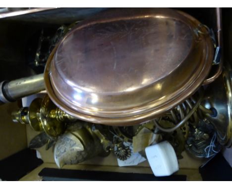 A Quantity of Copper and Brass, including seven horse brasses, five brass door knockers, a copper herb planter, miniature bel