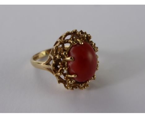 A Lady's 9 ct Gold Baroque Style Coral Ring, mm S.J., size L, approx wt 4.8 gms. 