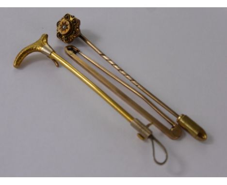 A Collection of Miscellaneous Gentleman's Stick Pins, including 9 ct gold riding crop, mm D & F, rose cut diamond tie pin, 9 