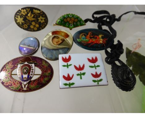 A Miscellaneous Collection of Enamel and other Brooches, including antique butterfly brooch depicting T. S. Stratheden, a pai