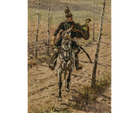 Wojciech Kossak1856 Paris - 1942 KrakauHusar zu PferdeR. u. signiert. Öl auf  Holz. 46 x 36 cm. Rahmen besch. (59 x 48 cm).