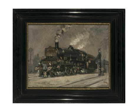 Jaroslav Ronek1892 Prag - 1962 ebendaDampflokomotive im BahnhofR. u. signiert. Öl auf  Lwd. 40 x 50 cm. Rest. Besch. Rahmen m