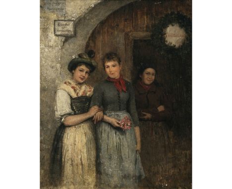 Friedrich Anton Otto Prölss1855 Dresden - nach 1910 München (?)"Willkommen"Zwei junge Dirndl und die Mutter im Türrahmen, den