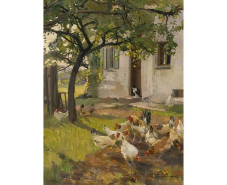 Franz Gräßel1861 Obersasbach - 1948 Emmering b. Fürstenfeldbruck"Vor der Haustür"R. u. signiert. Rücks. auf dem Keilrahmen au