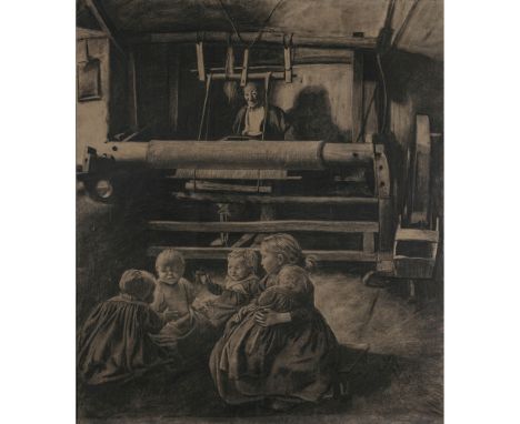 Léon Frédéric1856 Brüssel - 1940 ebendaAm WebstuhlEin Mann am Webstuhl, vor dem Webstuhl vier spielende Kinder. R. u. bezeich