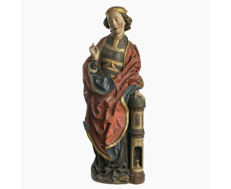 Hl. BarbaraLux Maurus (um 1470 Kempten - bekannt bis 1527), um 1510Linde, rückseitig gehöhlt. R. Hand erg. Barockzeitliche po