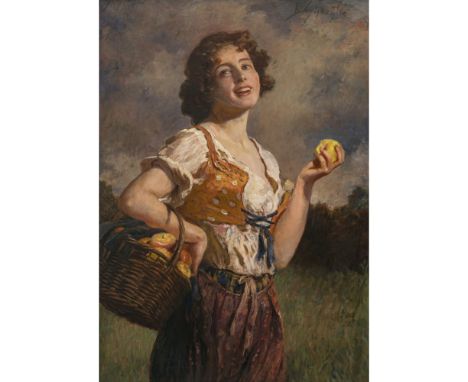 Leopold Schmutzler1864 Mies / Böhmen - 1941 MünchenJunge Frau mit Apfelkorb("Lachendes Mädchen"). R. o. signiert. Öl auf  Lwd