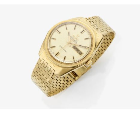ArmbanduhrUm 1970, OMEGA, Modell: SEAMASTERGelbgold 750/-, gestempelt. D. ca. 3,8 cm (mit Krone). Ca. 99 g.Rundes Uhrgehäuse,