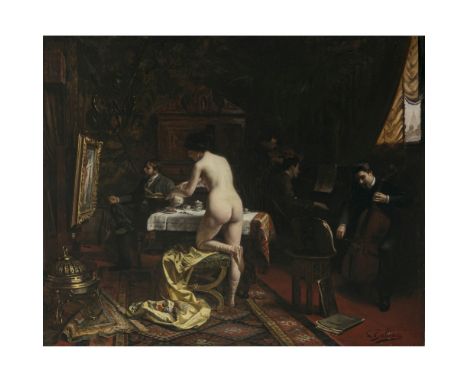 Louis Galliac1849 Dijon - 1931 o. 34 ParisMaler und Modell im AtelierZur Rechten ein Musiktrio mit Cellist, Geiger und Pianis