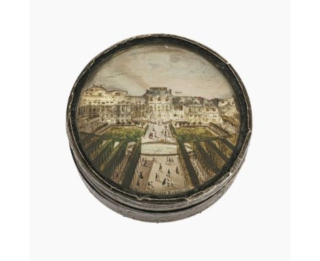 Deckeldose mit Ansicht Palais RoyalFrankreich, um 1900wohl Silber, Metall, Schildpatt, Glas. Min. besch. Dm. 7,5 cm.Gerahmte 