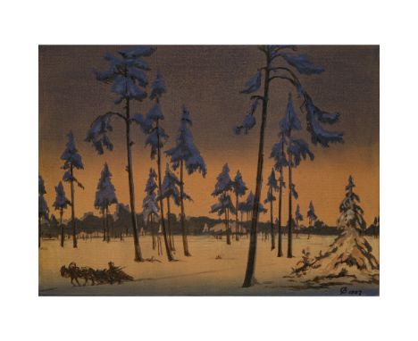 Unbekannt 1. Drittel 20. Jh.Winterlandschaft mit Pferdefuhrwerk - Berglandschaft mit blühendem BaumZwei Graphiken. Jew. r. u.
