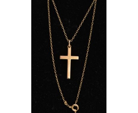 A 9CT GOLD CROSS PENDANT NECKLACE, plain polished cross pendant, hallmarked 9ct Birmingham, fitted with a jump ring, length 2