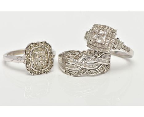 THREE WHITE METAL DIAMOND SET DRESS RINGS, large dress rings each set with a variety of single cut and tapered baguette cut d