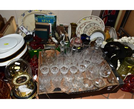 THREE BOXES AND LOOSE CERAMICS, GLASS, PRINTS, MIRROR, CLOCK, ETC, including a ceramic Valdespino Sherry barrel, a mid-20th c