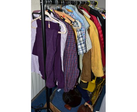 A QUANTITY OF GENTLEMENS CLOTHES, mostly shirts, jackets, coats, gloves, snorkelling equipment, etc, two pairs of purple Pete