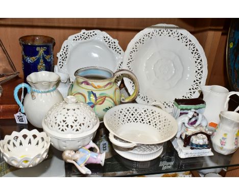 A GROUP OF LATE 19TH AND 20TH CENTURY CERAMICS, including an early 20th century porcelain half doll, a modern Leeds pottery c