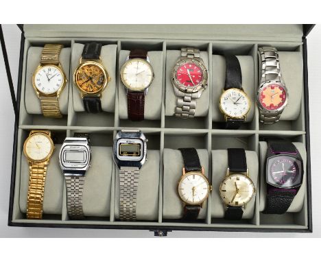 A WATCH DISPLAY CASE WITH WRISTWATCHES, black case with a Perspex lid, twelve storage cushions with watches such as a gold-pl