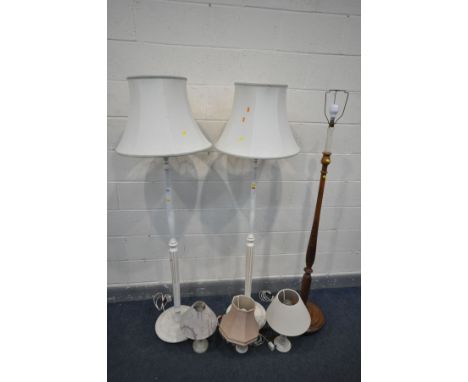 AN EARLY TO MID 20TH CENTURY OAK STANDARD LAMP (no shade) two white standard lamps and another standard lamp, and three vario