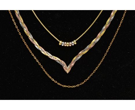THREE 9CT GOLD NECKLACES, the first a tri-colour plaited V-shape chain fitted with a spring clasp hallmarked 9ct Sheffield im
