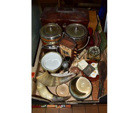 A BOX OF TREEN, ASSORTED NATURAL AND VINTAGE ITEMS, to include a large tea caddy of sarcophagus form (no interior compartment