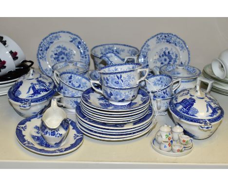 A GROUP OF TOY TEA WARES, over thirty five pieces to include a blue and white tea set, possibly by Minton, marked 'Dresden Fl