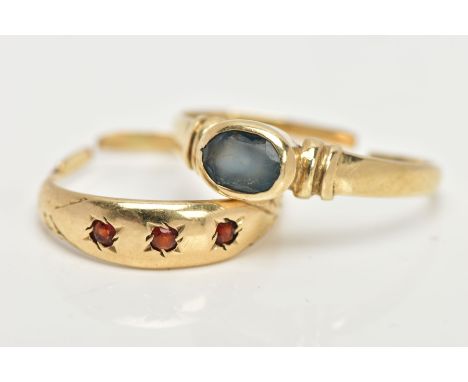 TWO 9CT GOLD RINGS, the first a three stone garnet ring each star set, scroll detailed shoulders to a split band, hallmarked 