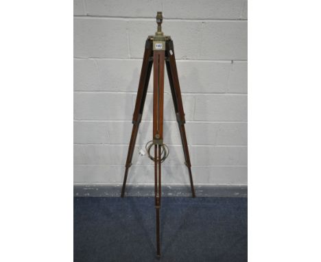 A HARDWOOD AND BRASS ADJUSTABLE TRIPOD STANDARD LAMP, max height 155cm