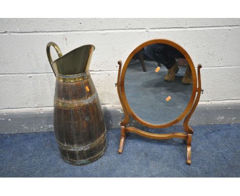 AN ANTIQUE BRASS AND COOPERED PITCHER, height 61cm (condition:-some repairs and brass patina) an oval dressing mirror, a sele