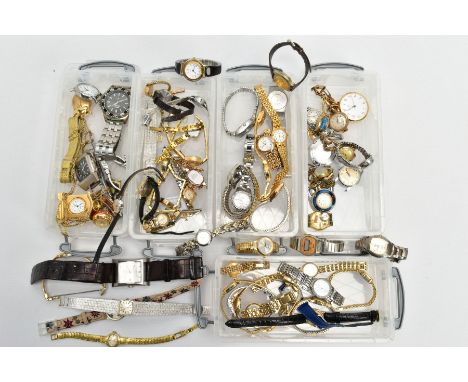 FIVE BOXES OF ASSORTED LADIES AND GENTS WRISTWATCHES, a variety of styles, some gold-plated, names to include 'Sekonda, Accur