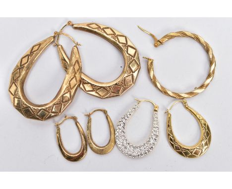 THREE PAIRS OF HOOP EARRINGS AND A SINGLE EARRING, to include a large pair of oval drop hoop earrings, engraved pattern, fitt