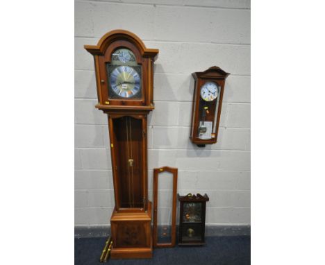 A LATE 20TH CENTURY YEWWOOD CHIMING LONGCASE CLOCK, two weights and pendulum, height 195cm (condition:-glazed door loose from