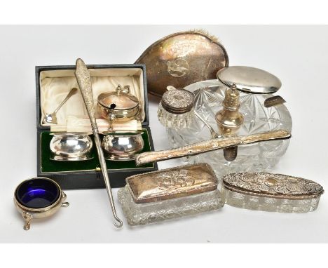 A BOX OF ASSORTED SILVER AND GLASS ITEMS, to include a cased set of two silver napkin rings, each hallmarked 'John Round &amp