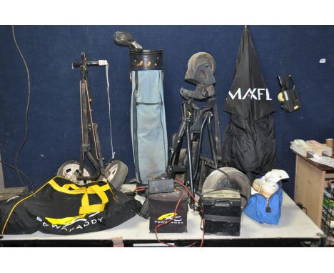 A COLLECTION OF GOLFING EQUIPMENT to include a Browning golf bag with two clubs, a Powa Caddy electric Trolley with cover, ch