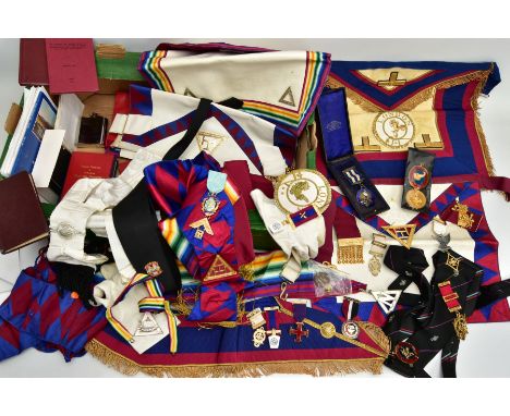 A BOX OF MASONIC REGALIA, to include various sashes and aprons some bearing medallions, various masonic books and certificate