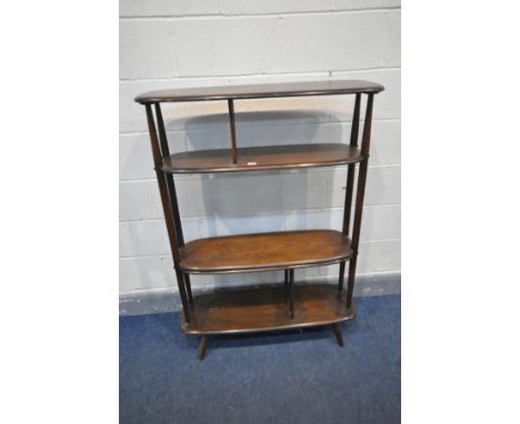 AN ERCOL WINDSOR ELM GIRAFFE BOOKCASE/ROOM DIVIDER, made up of three shelves, with spindled dividers to top and bottom shelve