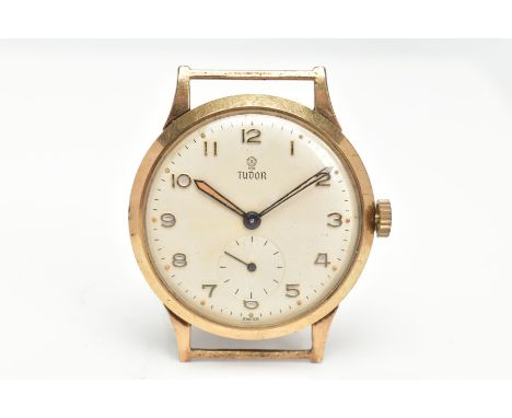 A GENTS 9CT GOLD 'TUDOR' WATCH HEAD, hand wound movement (working), round cream dial signed 'Tudor', Arabic numerals, seconds